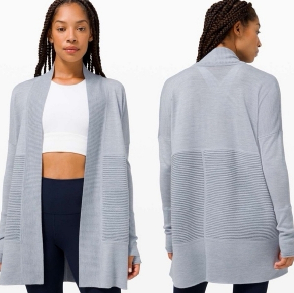 Lululemon Sit In Lotus Wrap II Merino Wool Ice Blue Gray Heather Cardigan Sz 6 - Picture 1 of 10